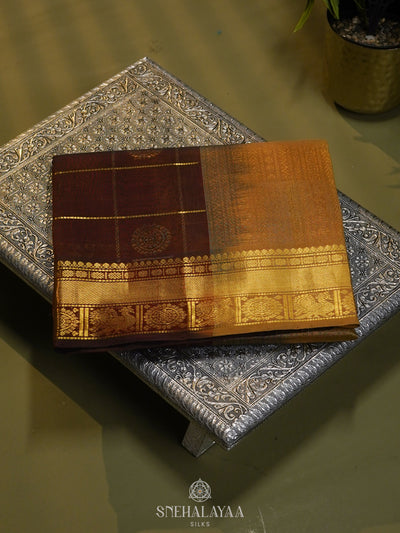 Brown Checked Silk Cotton Saree with Traditional Motifs and Zari Woven Border