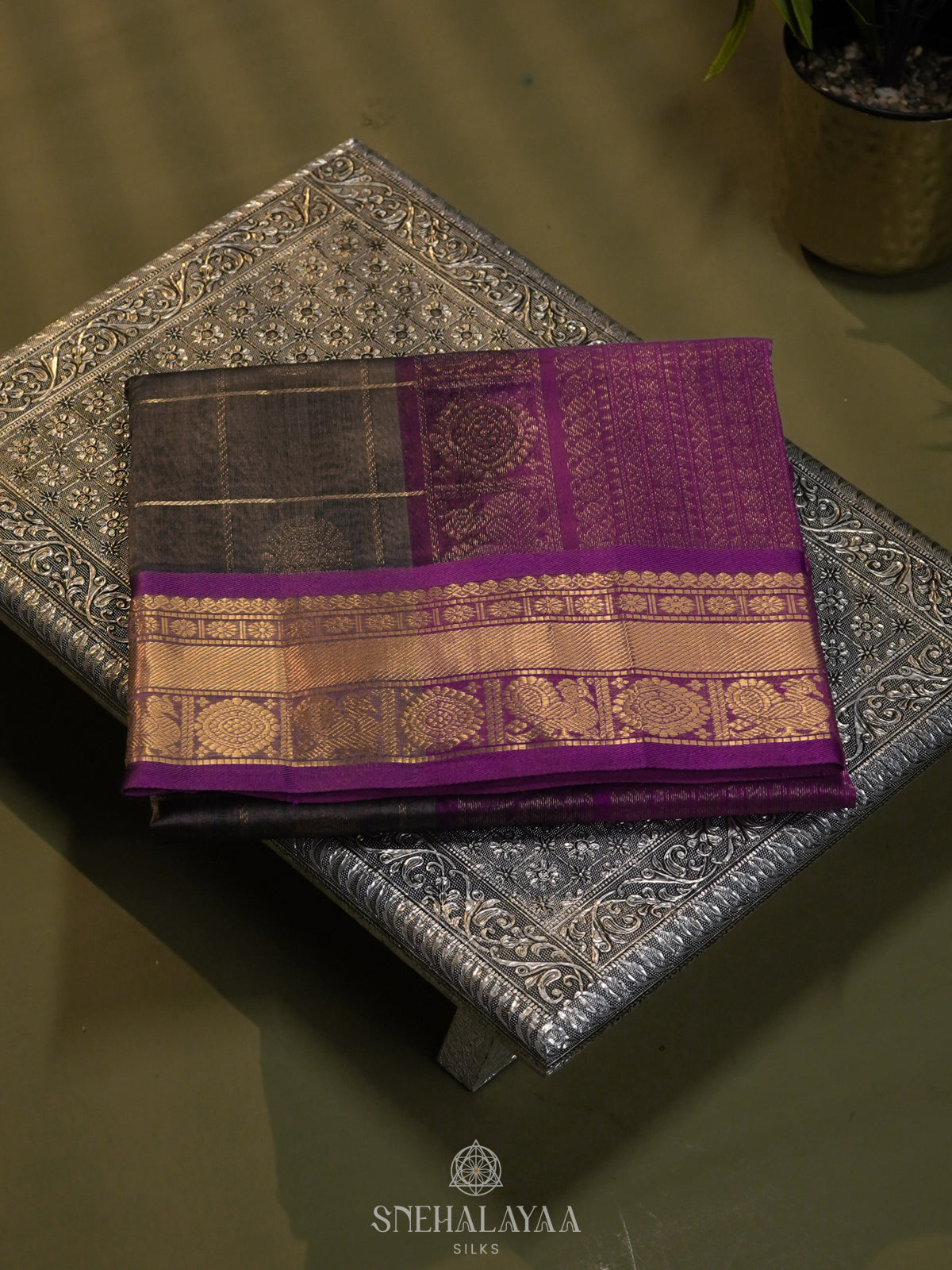 Grey Checked Silk Cotton Saree with Traditional Motifs and Zari Woven Border