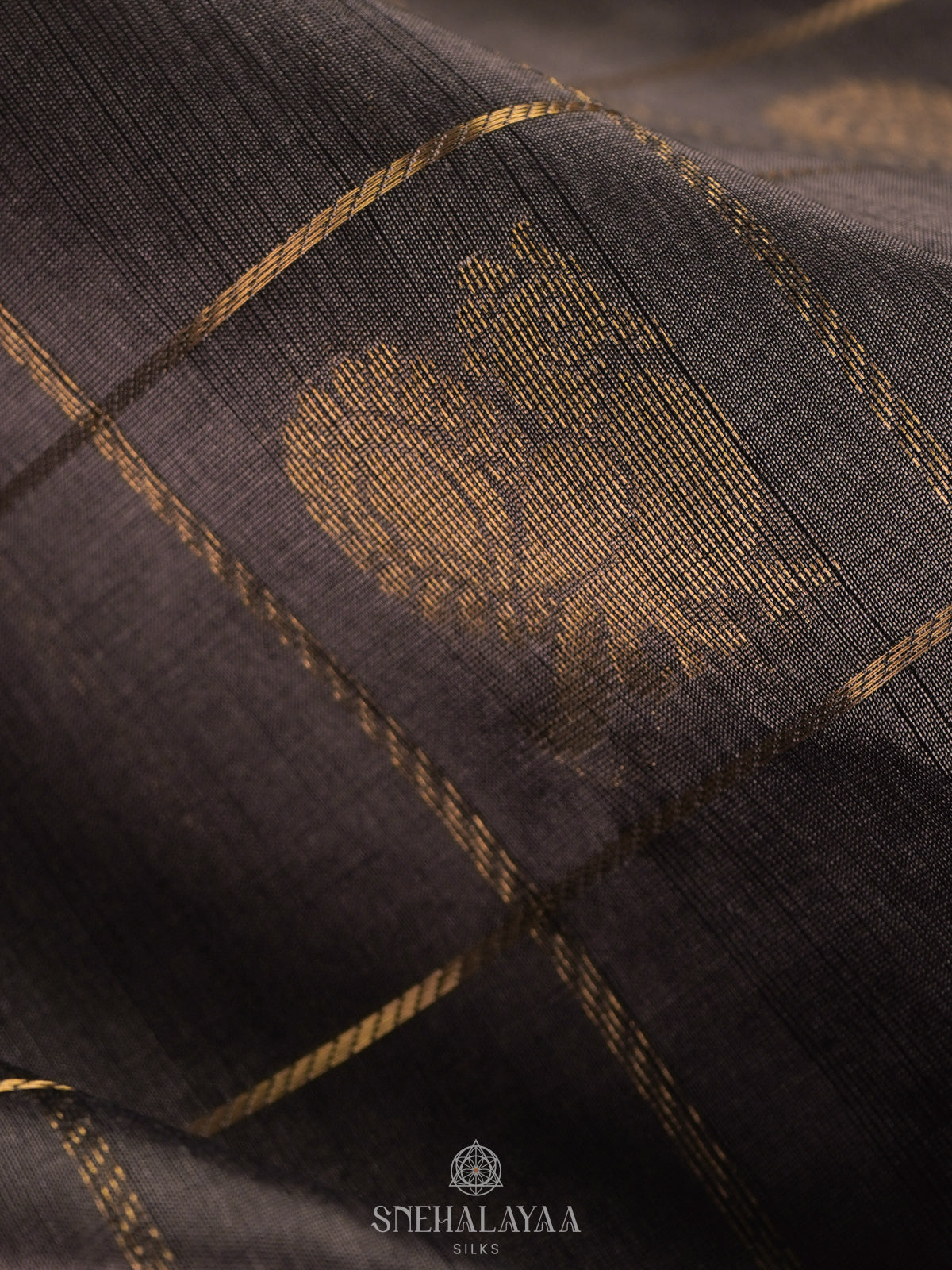 Grey Checked Silk Cotton Saree with Traditional Motifs and Zari Woven Border