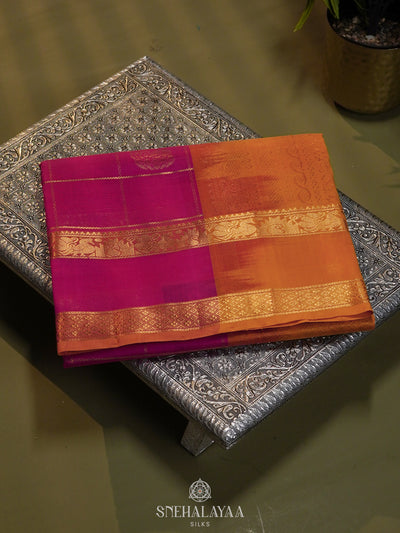 Pink Checked Silk Cotton Saree with Traditional Motifs and Zari Woven Border