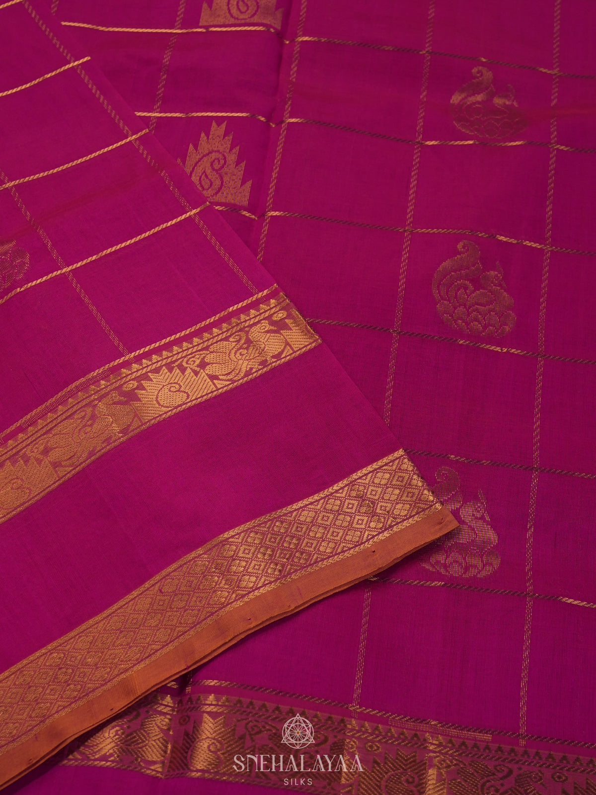 Pink Checked Silk Cotton Saree with Traditional Motifs and Zari Woven Border
