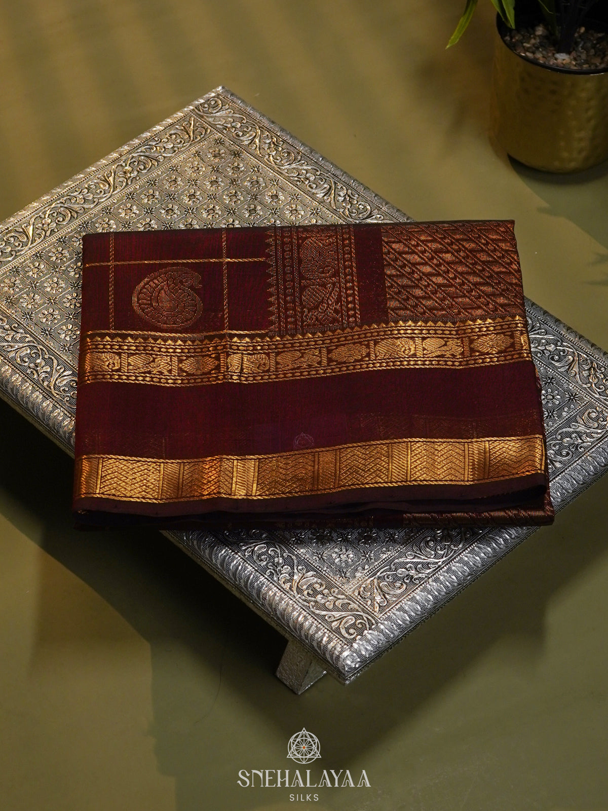 Maroon Checked Silk Cotton Saree with Traditional Motifs and Zari Woven Border