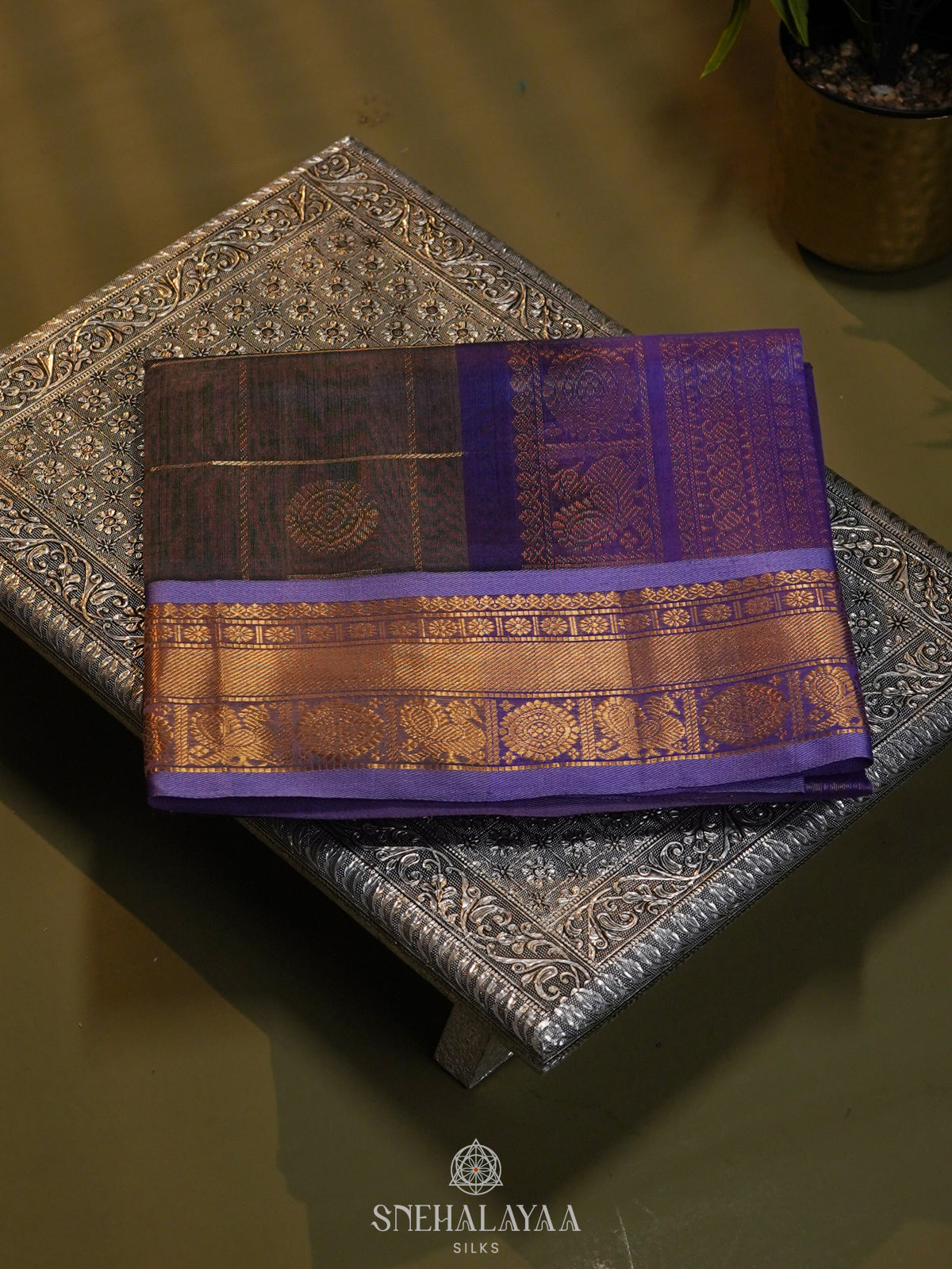 Grey Checked Silk Cotton Saree with Traditional Motifs and Zari Woven Border
