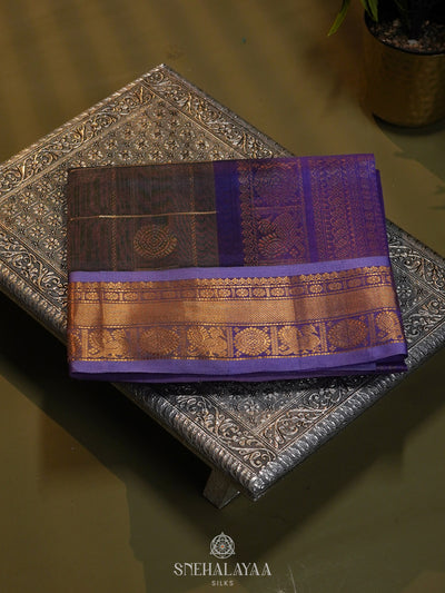 Grey Checked Silk Cotton Saree with Traditional Motifs and Zari Woven Border