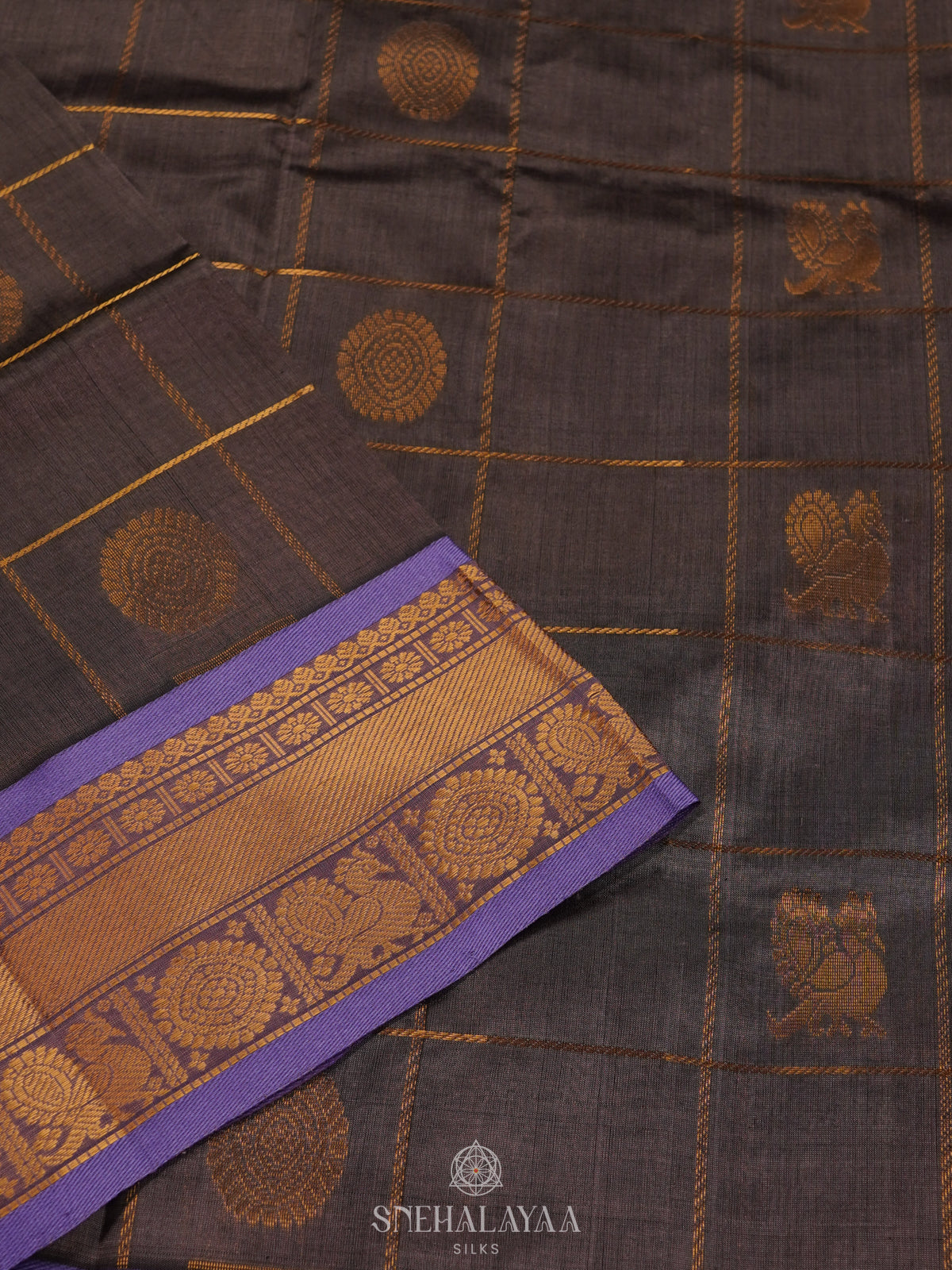 Grey Checked Silk Cotton Saree with Traditional Motifs and Zari Woven Border
