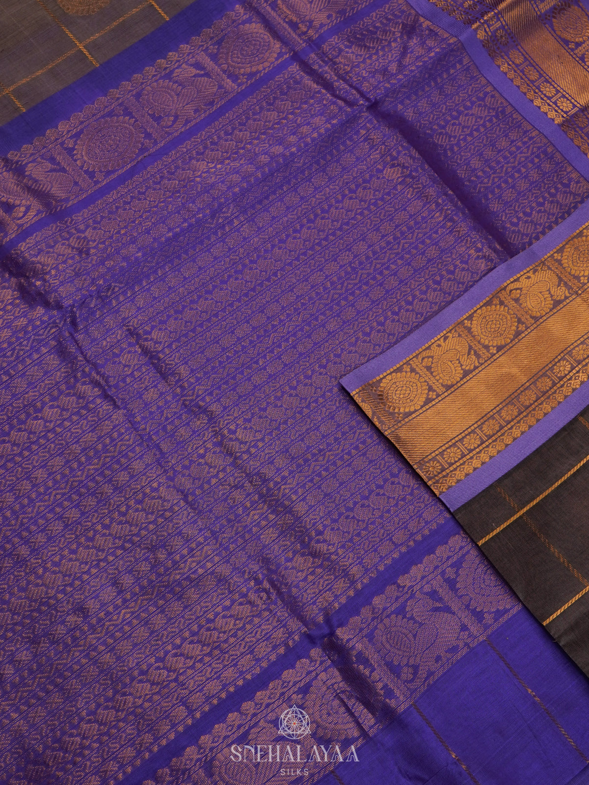 Grey Checked Silk Cotton Saree with Traditional Motifs and Zari Woven Border