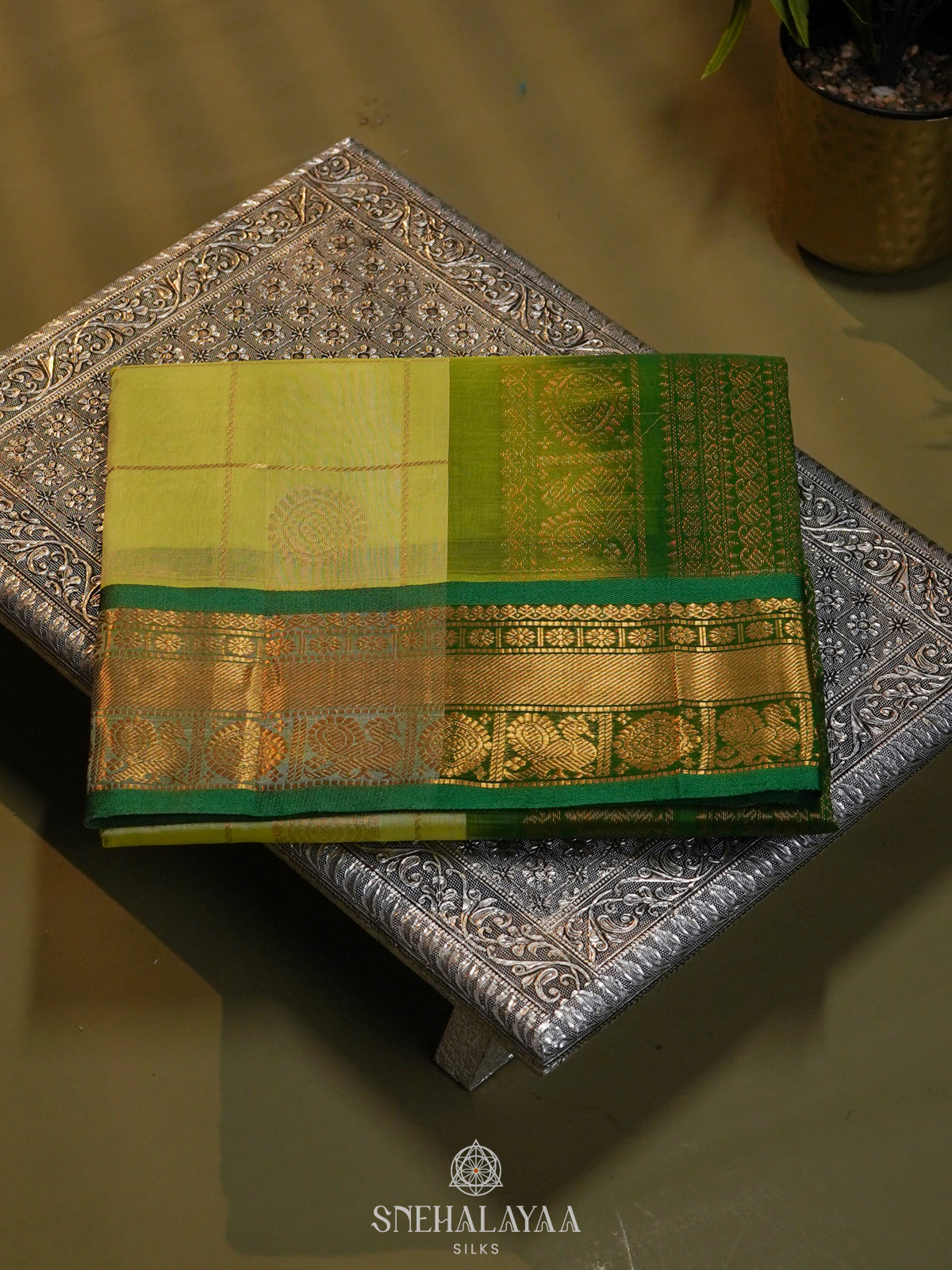 Pista Green Checked Silk Cotton Saree with Traditional Motifs and Zari Woven Border