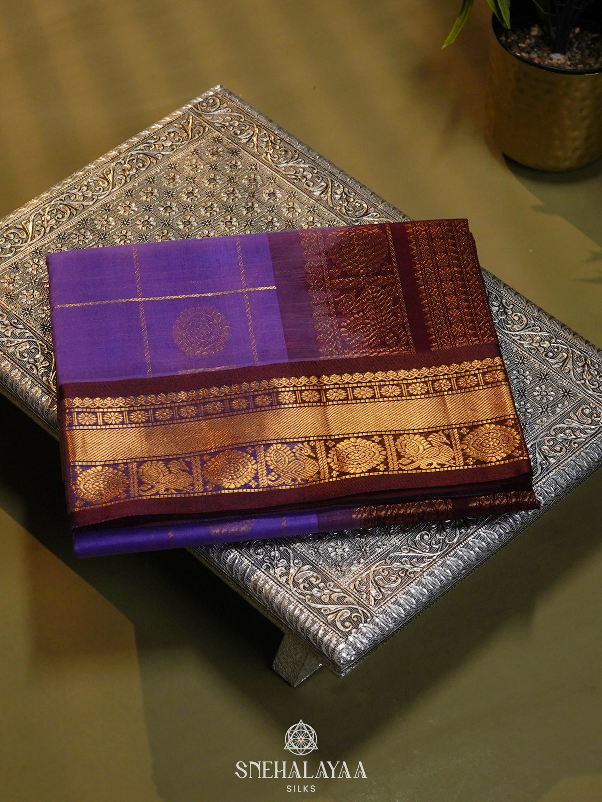 Violet Checked Silk Cotton Saree with Traditional Motifs and Zari Woven Border