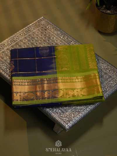 Navy Blue Checked Silk Cotton Saree with Traditional Motifs and Zari Woven Border