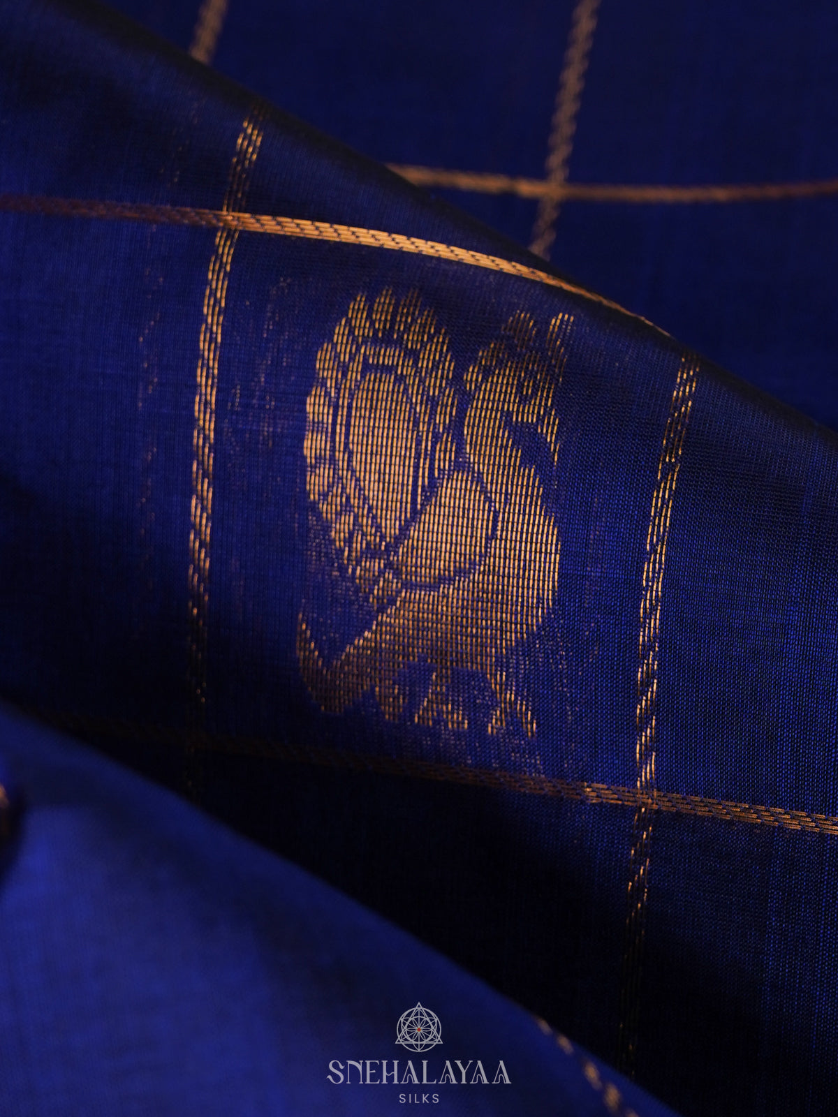 Navy Blue Checked Silk Cotton Saree with Traditional Motifs and Zari Woven Border