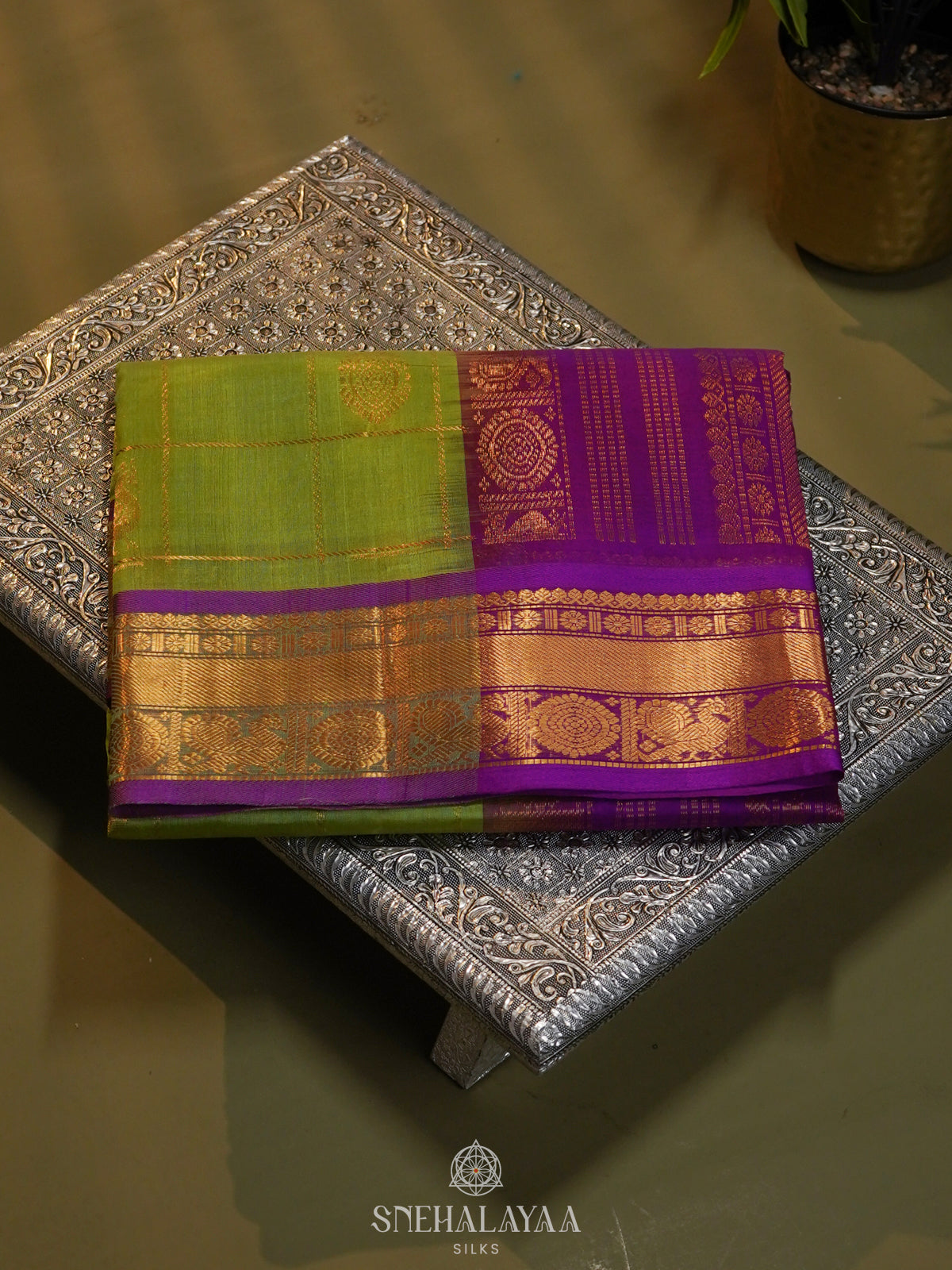 Lime Green Checked Silk Cotton Saree with Traditional Motifs and Zari Woven Border