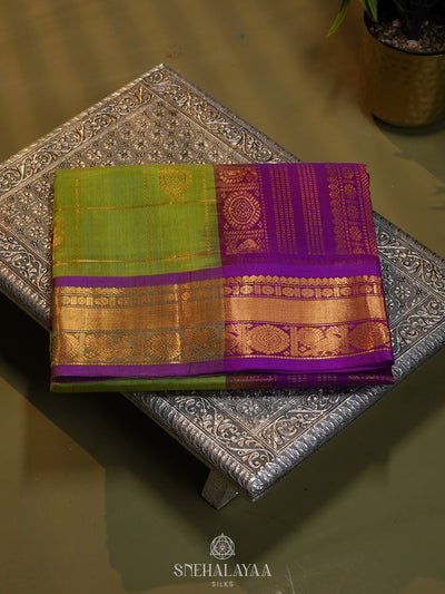 Lime Green Checked Silk Cotton Saree with Traditional Motifs and Zari Woven Border