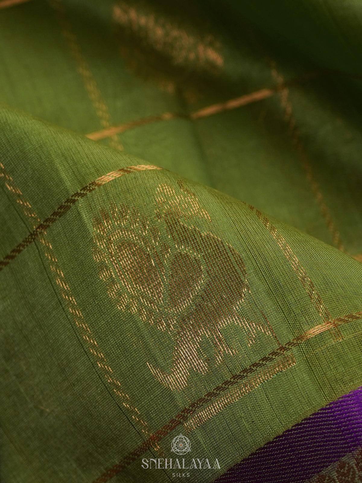 Lime Green Checked Silk Cotton Saree with Traditional Motifs and Zari Woven Border