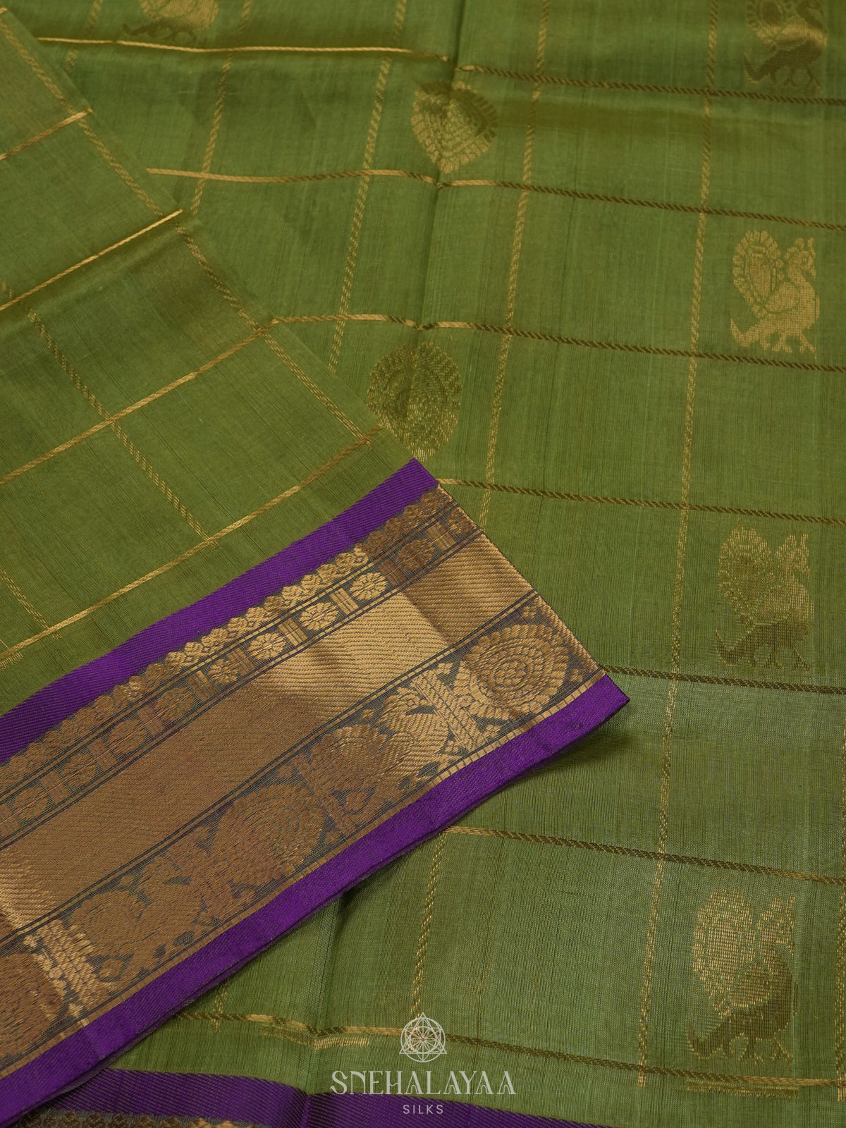 Lime Green Checked Silk Cotton Saree with Traditional Motifs and Zari Woven Border