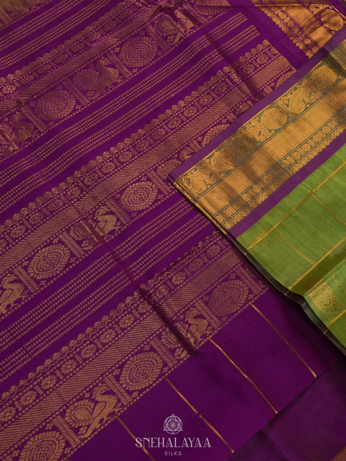 Lime Green Checked Silk Cotton Saree with Traditional Motifs and Zari Woven Border
