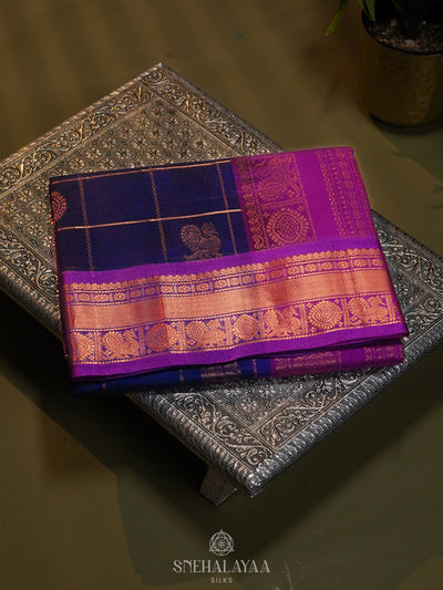 Royal Blue Checked Silk Cotton Saree with Traditional Motifs and Zari Woven Border
