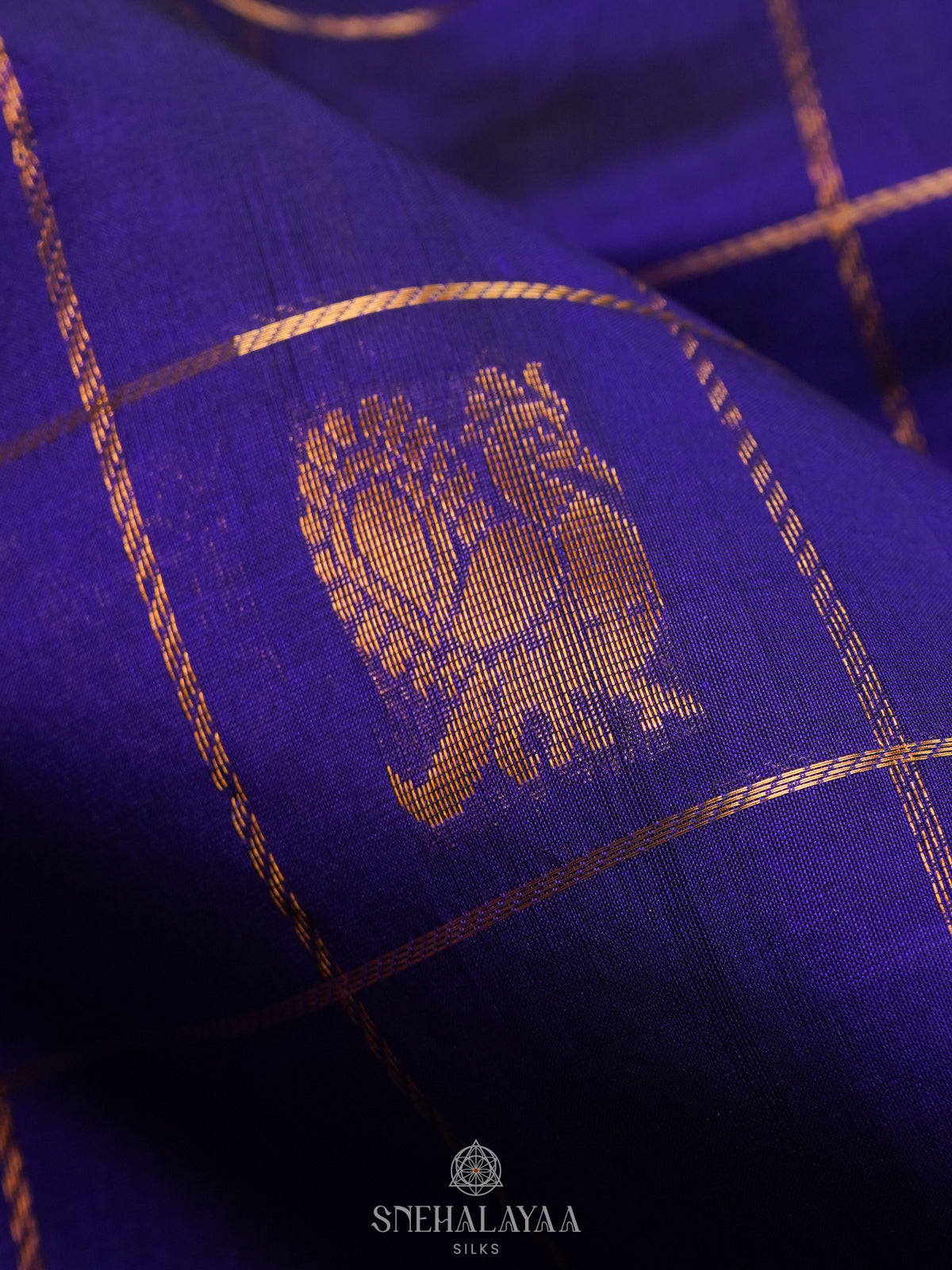 Royal Blue Checked Silk Cotton Saree with Traditional Motifs and Zari Woven Border