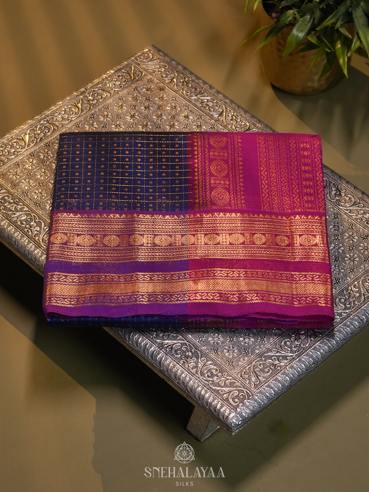 Navy Blue Kanchi Silk Cotton Saree with 1000 Buttas