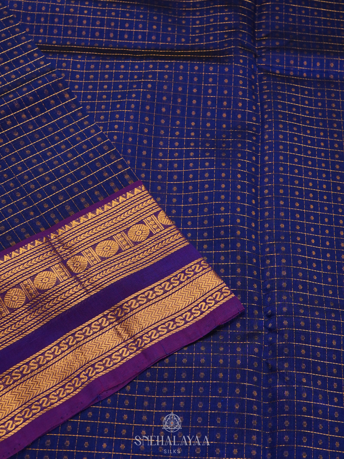 Navy Blue Kanchi Silk Cotton Saree with 1000 Buttas