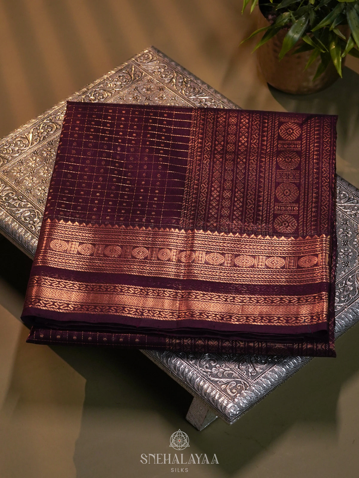 Brown Kanchi Silk Cotton Saree with 1000 Buttas