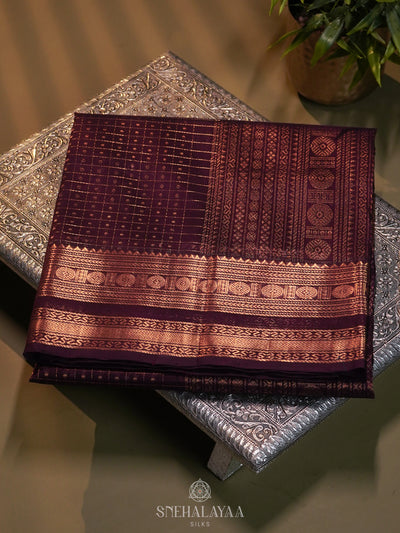 Brown Kanchi Silk Cotton Saree with 1000 Buttas
