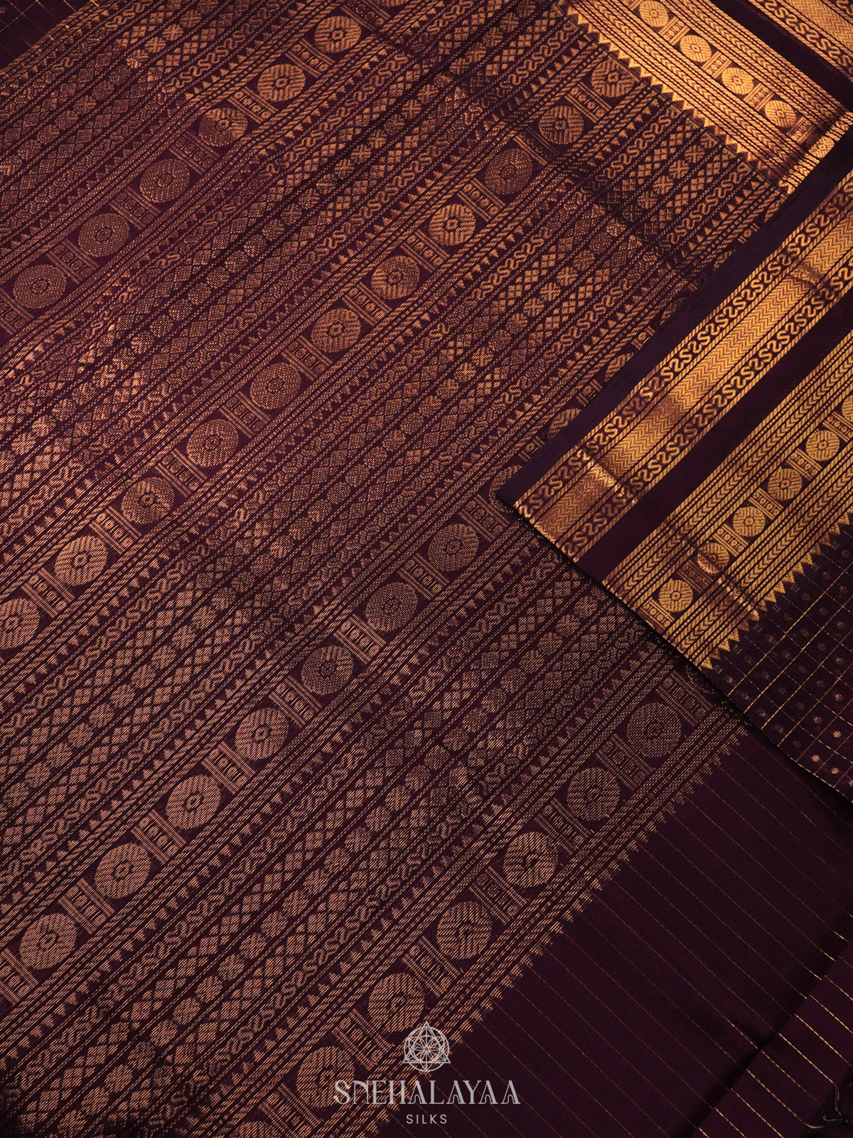 Brown Kanchi Silk Cotton Saree with 1000 Buttas