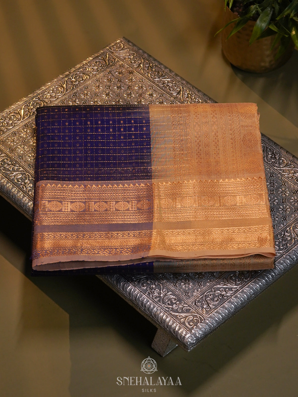 Navy Blue Kanchi Silk Cotton Saree with 1000 Buttas