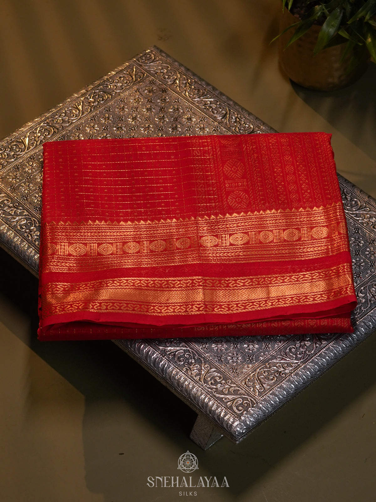 Orange Kanchi Silk Cotton Saree with 1000 Buttas