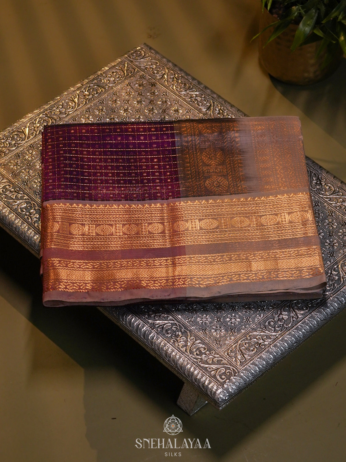 Magenta Kanchi Silk Cotton Saree with 1000 Buttas