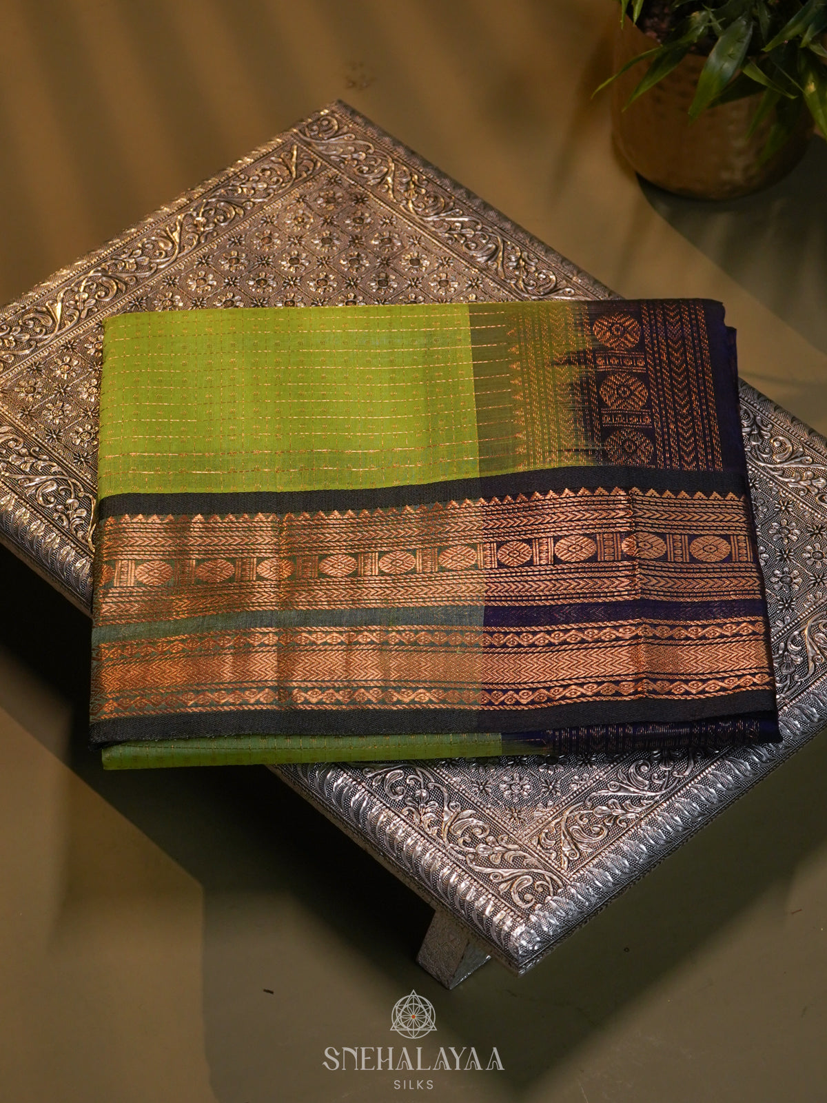 Lime Green Kanchi Silk Cotton Saree with 1000 Buttas