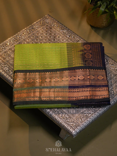 Lime Green Kanchi Silk Cotton Saree with 1000 Buttas