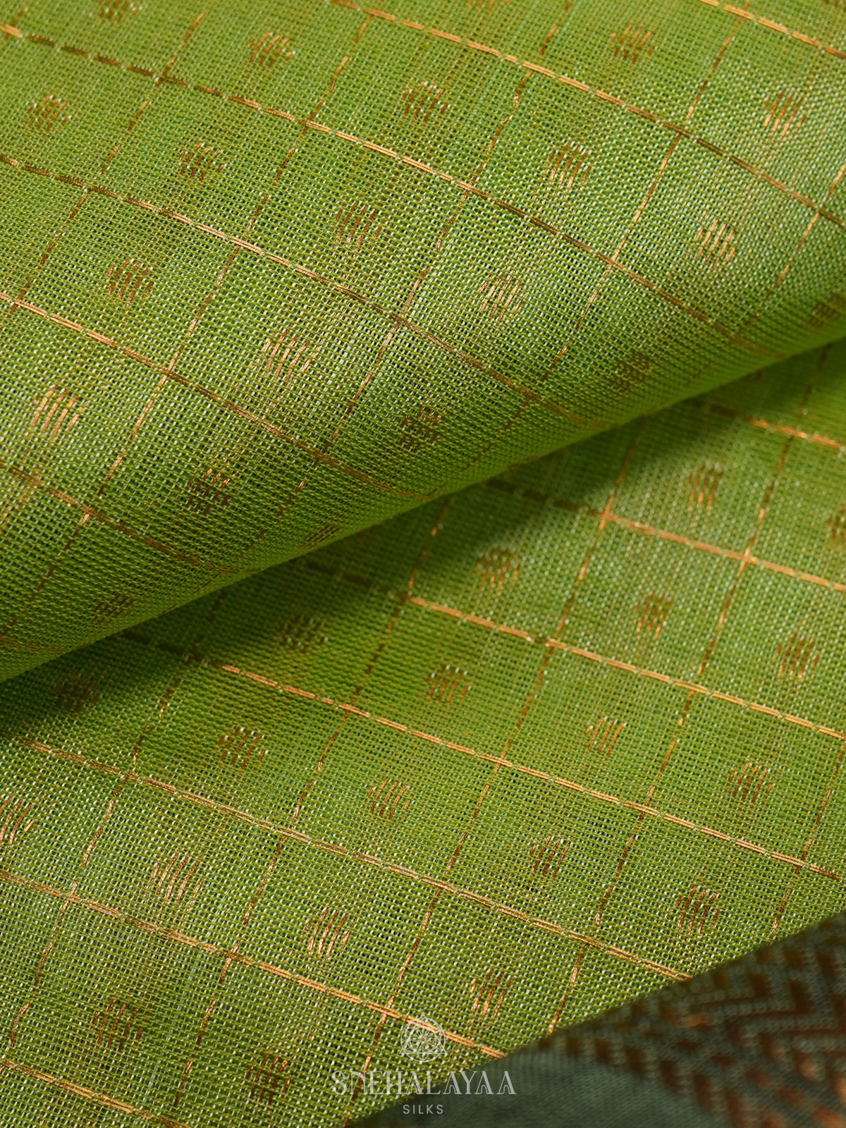 Lime Green Kanchi Silk Cotton Saree with 1000 Buttas