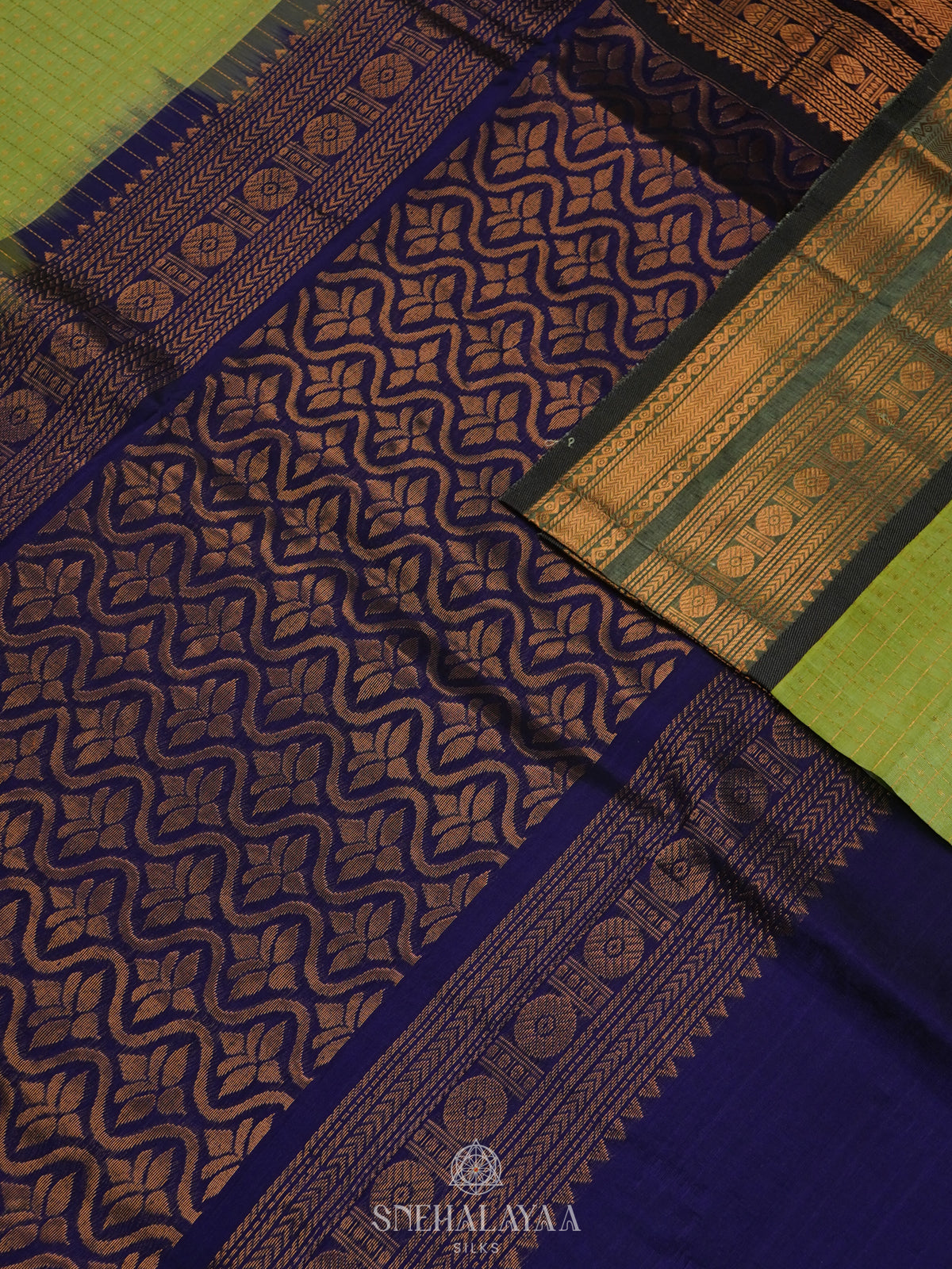 Lime Green Kanchi Silk Cotton Saree with 1000 Buttas