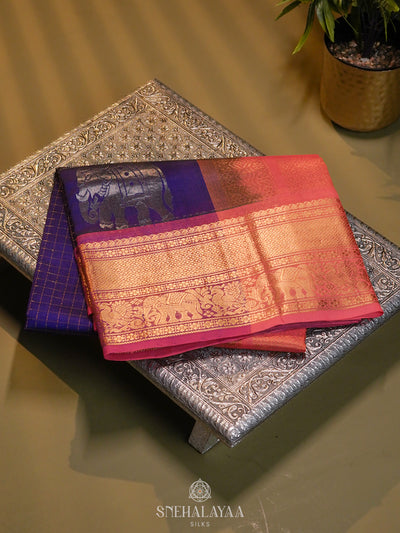 Ms Blue Zari Checks Silk Cotton Saree with Elephant Motifs and Zari Border
