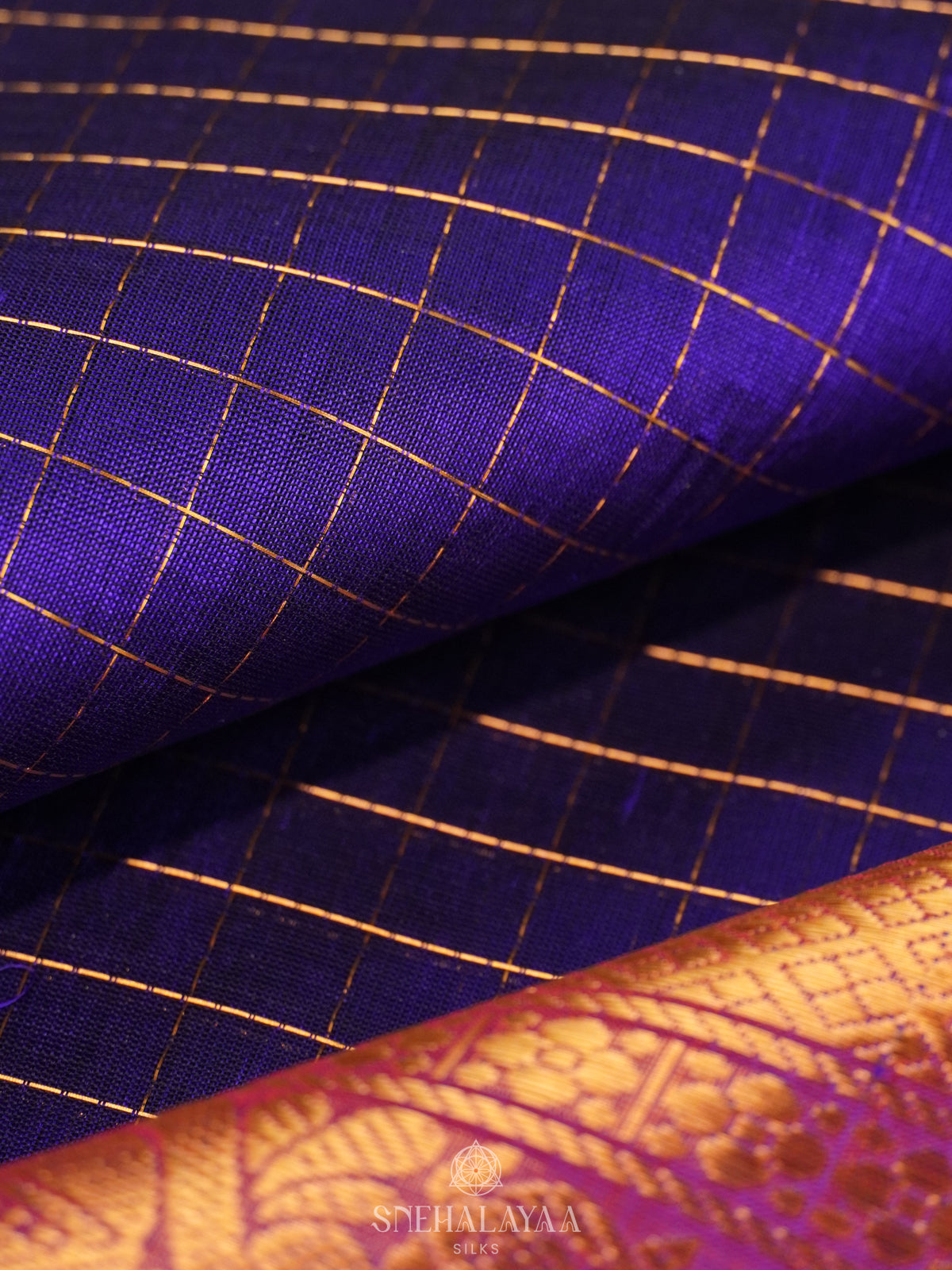 Ms Blue Zari Checks Silk Cotton Saree with Elephant Motifs and Zari Border