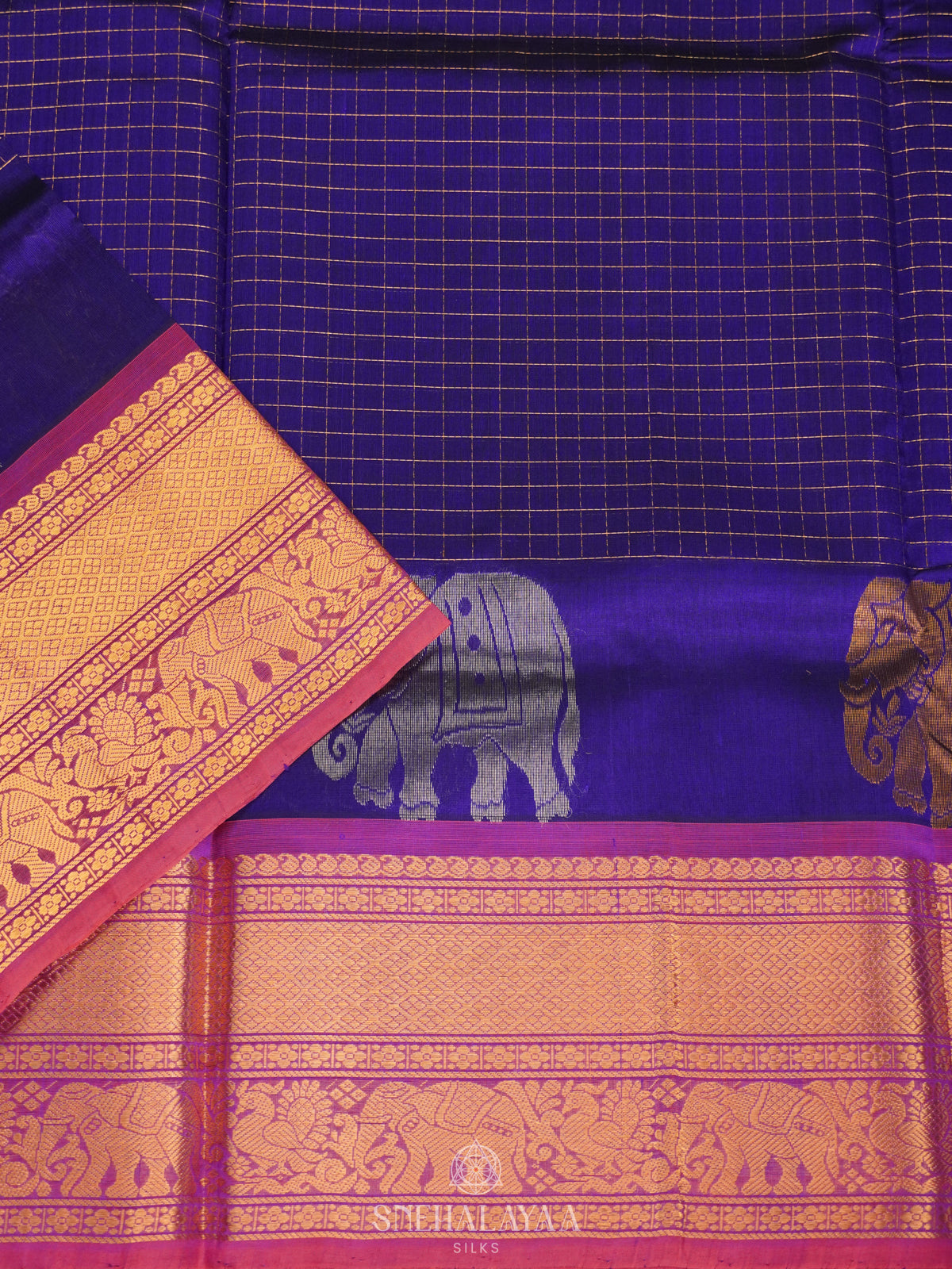 Ms Blue Zari Checks Silk Cotton Saree with Elephant Motifs and Zari Border