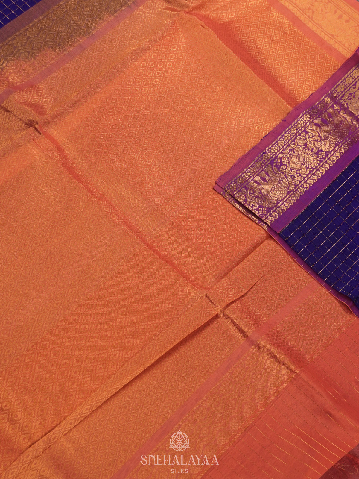 Ms Blue Zari Checks Silk Cotton Saree with Elephant Motifs and Zari Border