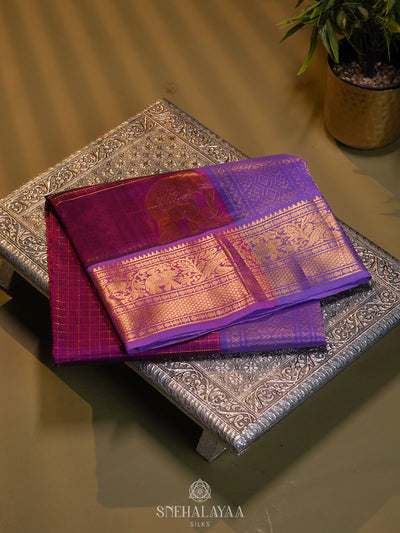Magenta Pink Zari Checks Silk Cotton Saree with Elephant Motifs and Zari Border