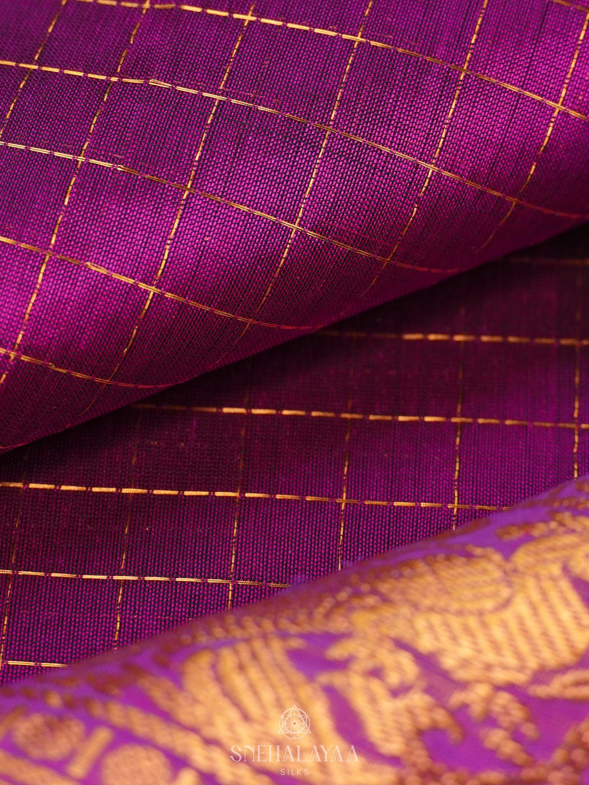 Magenta Pink Zari Checks Silk Cotton Saree with Elephant Motifs and Zari Border