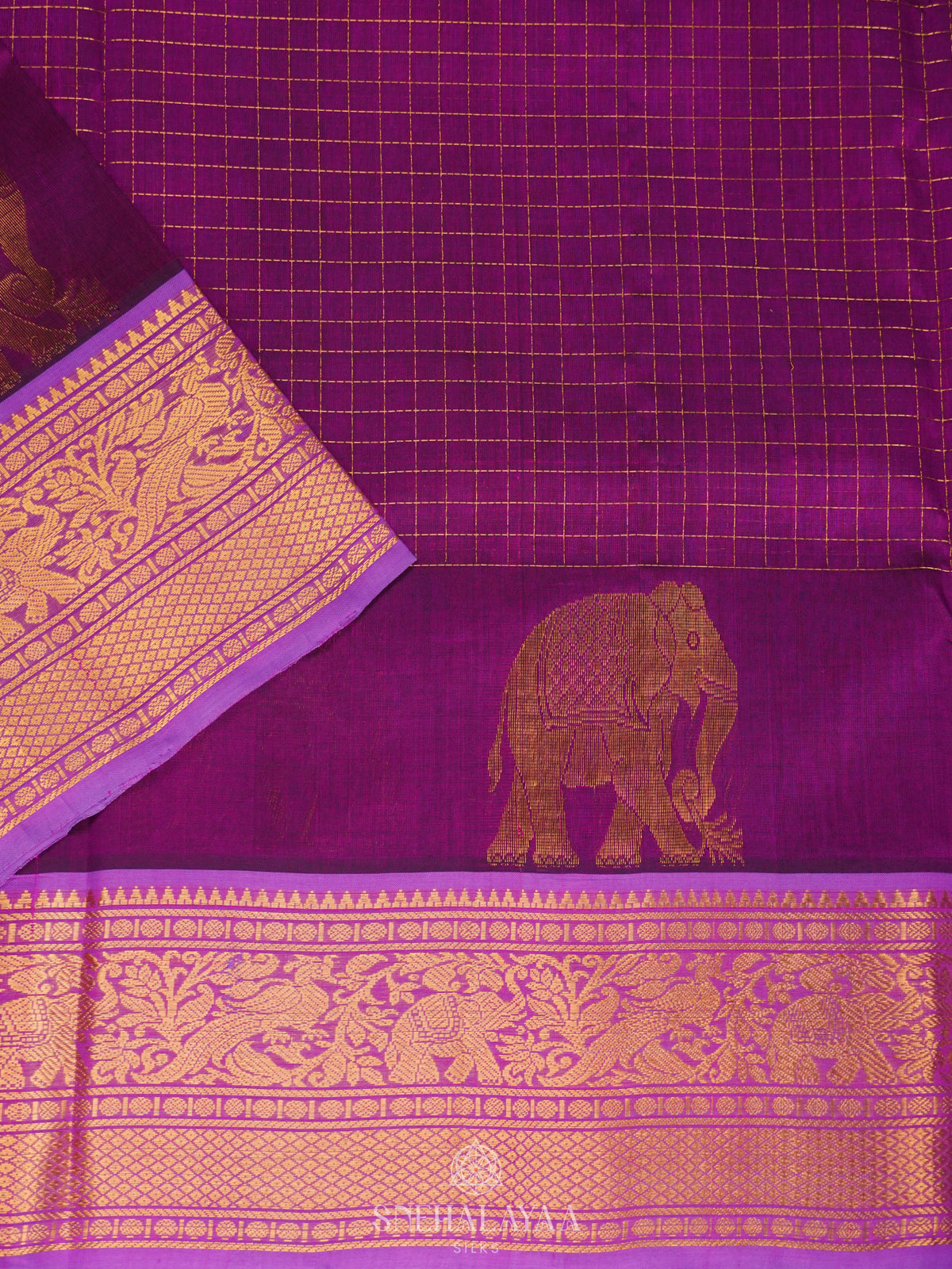 Magenta Pink Zari Checks Silk Cotton Saree with Elephant Motifs and Zari Border