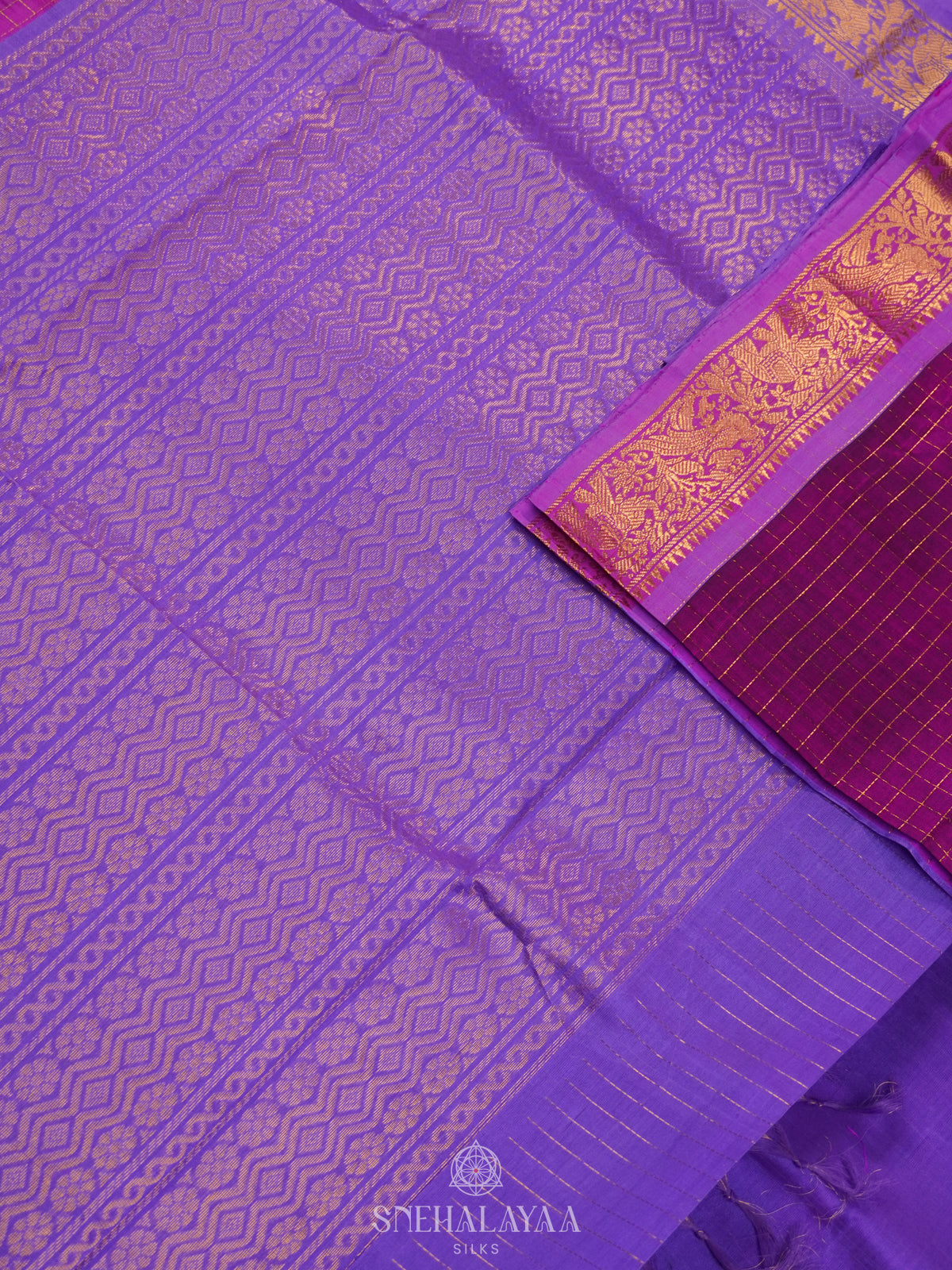 Magenta Pink Zari Checks Silk Cotton Saree with Elephant Motifs and Zari Border
