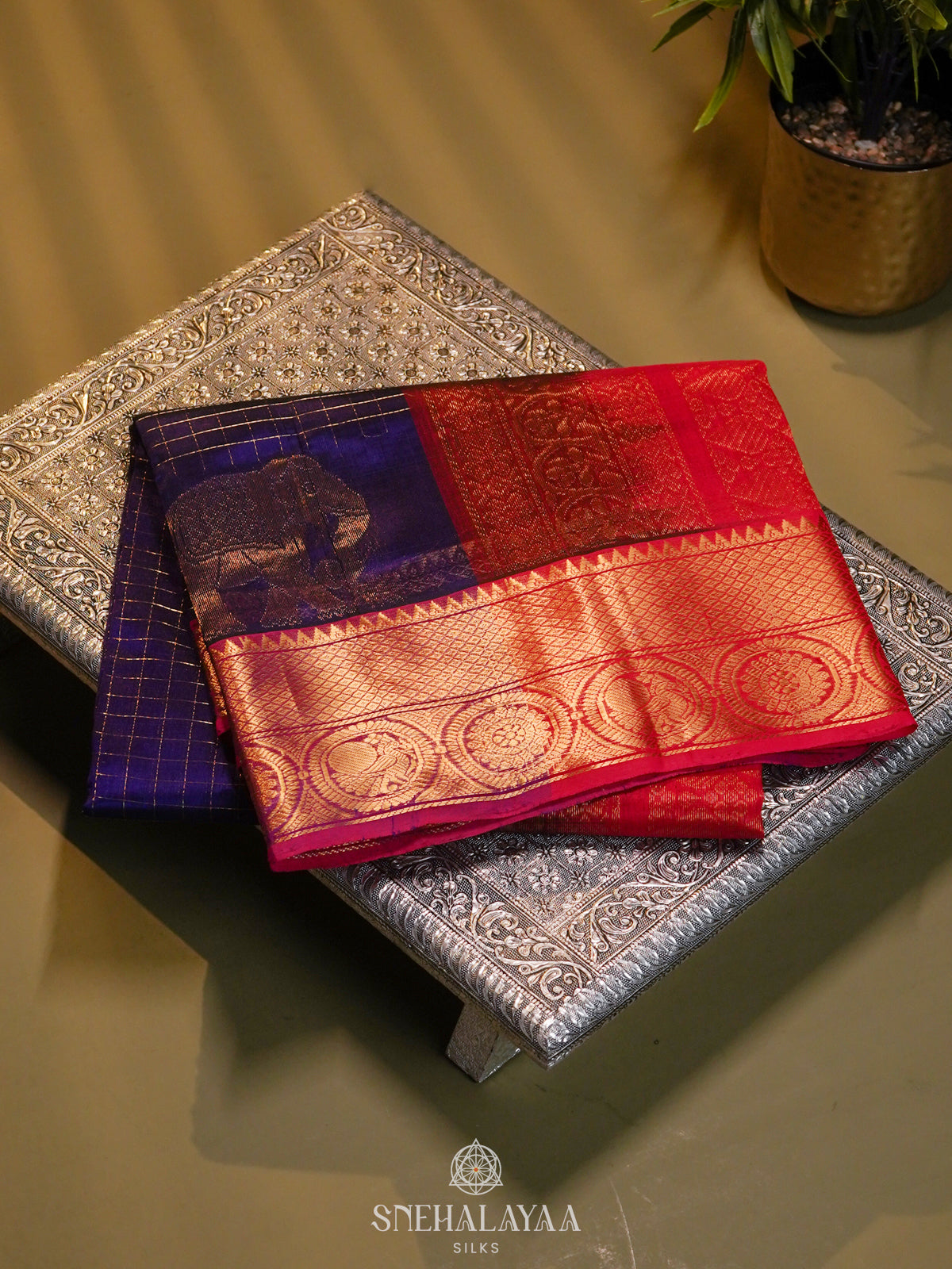 Ms Blue Zari Checks Silk Cotton Saree with Elephant Motifs and Zari Border