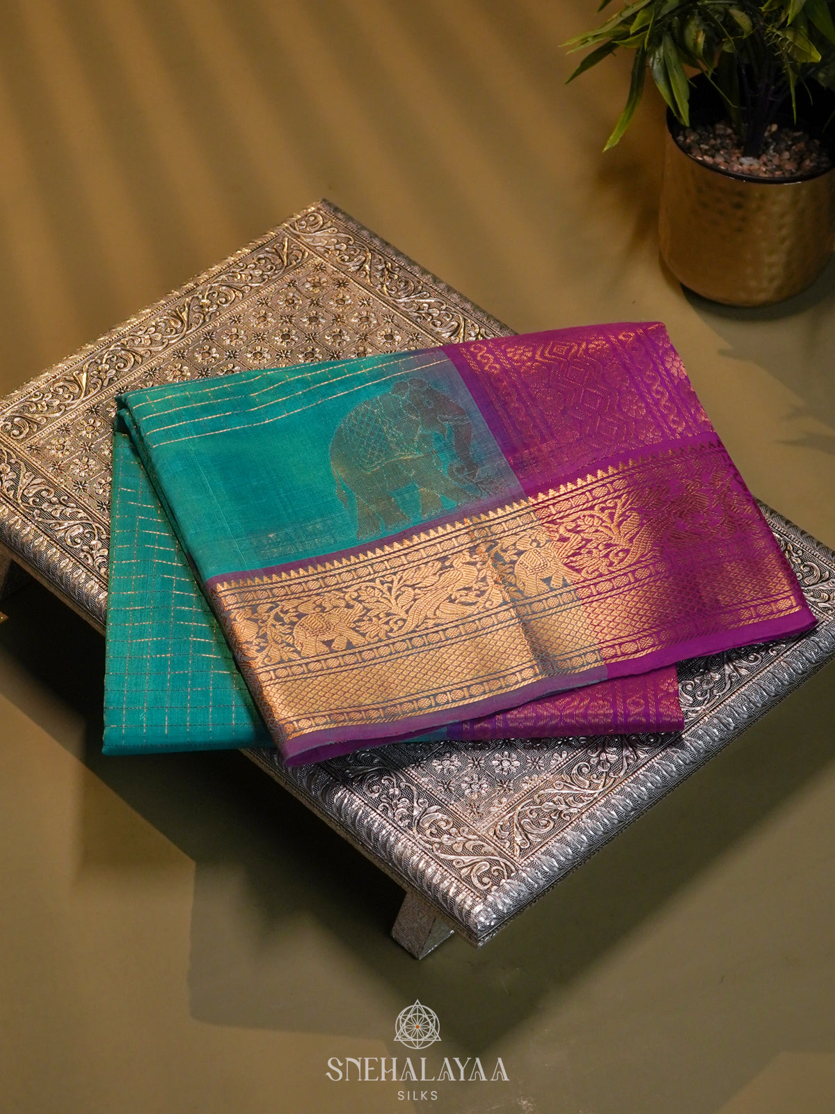 Mint Green Zari Checks Silk Cotton Saree with Elephant Motifs and Zari Border