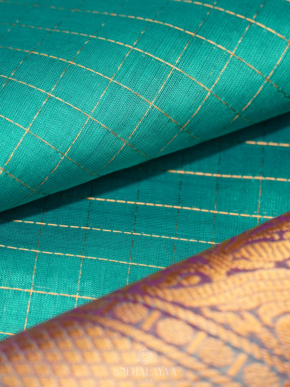 Mint Green Zari Checks Silk Cotton Saree with Elephant Motifs and Zari Border