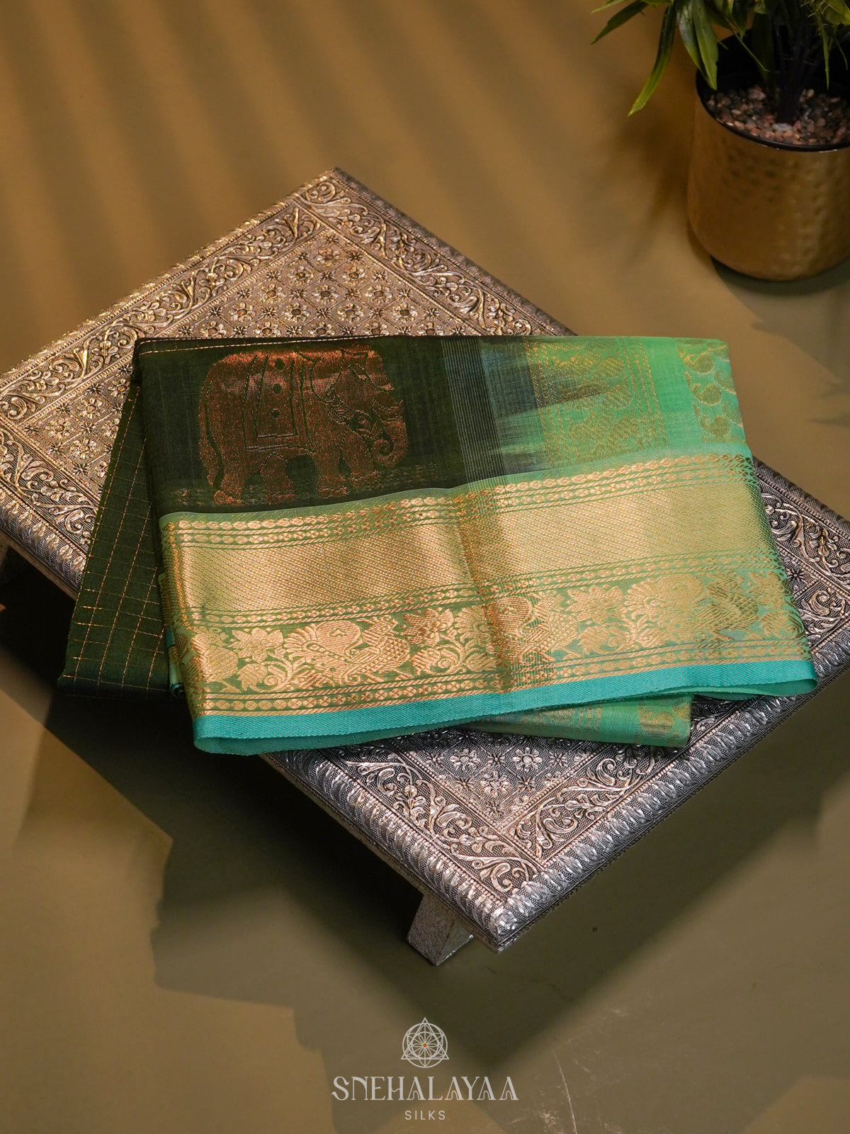 Green Zari Checks Silk Cotton Saree with Elephant Motifs and Zari Border