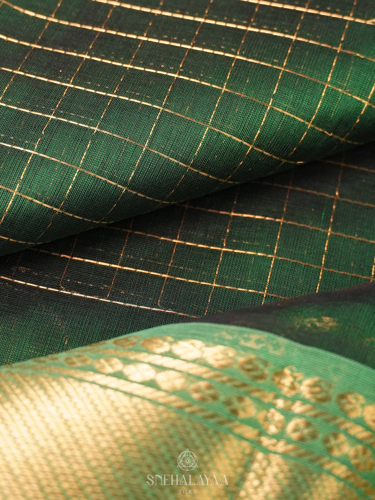 Green Zari Checks Silk Cotton Saree with Elephant Motifs and Zari Border