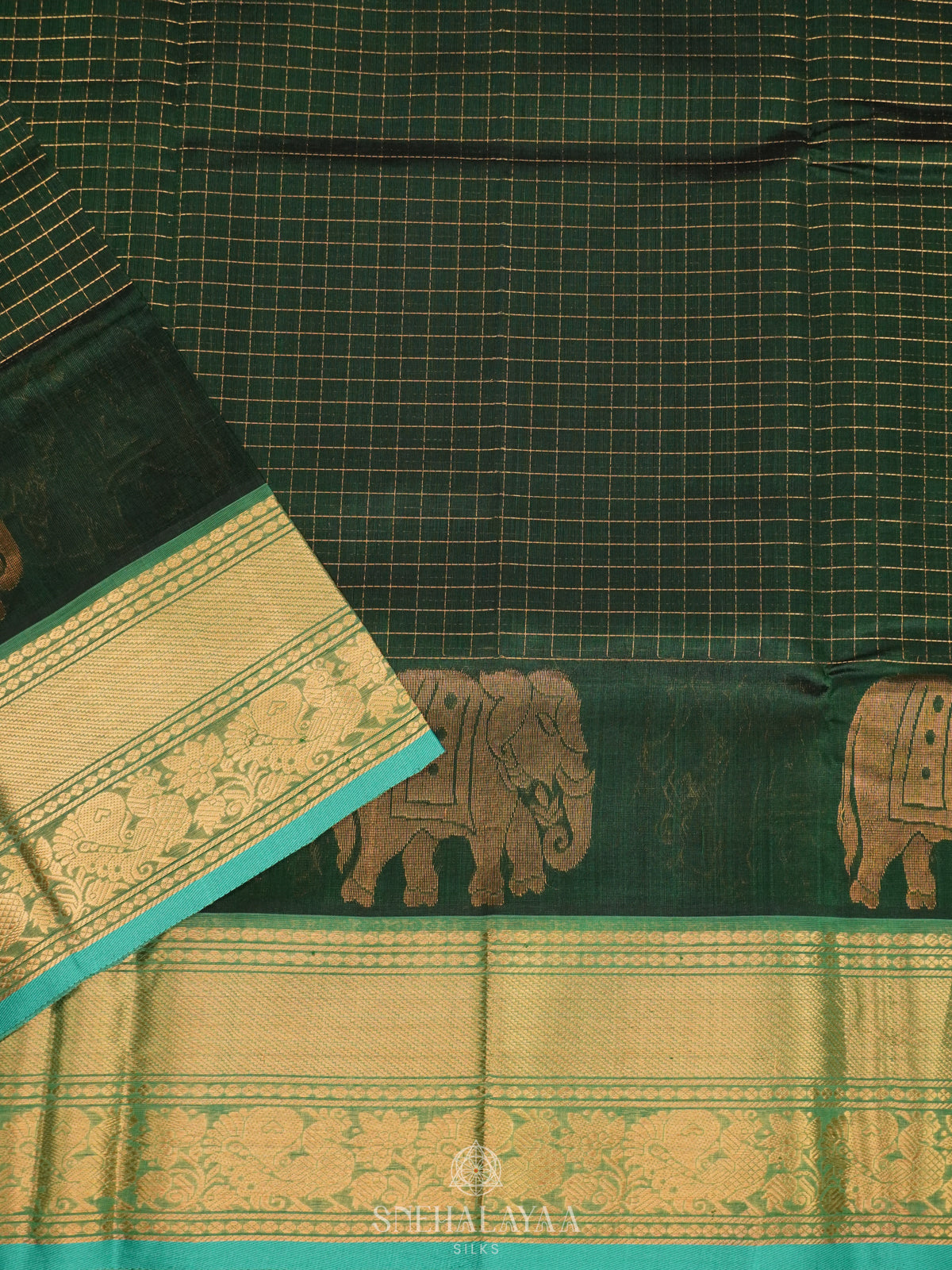 Green Zari Checks Silk Cotton Saree with Elephant Motifs and Zari Border