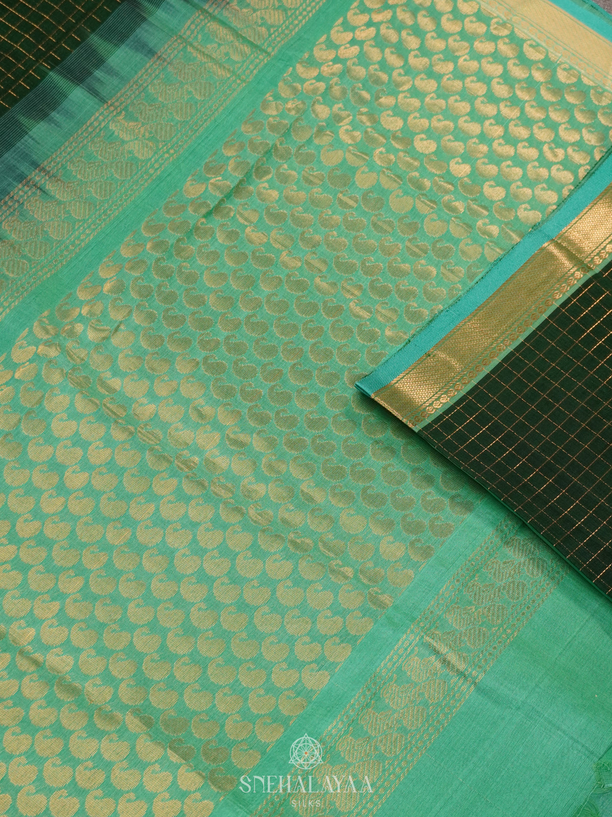Green Zari Checks Silk Cotton Saree with Elephant Motifs and Zari Border
