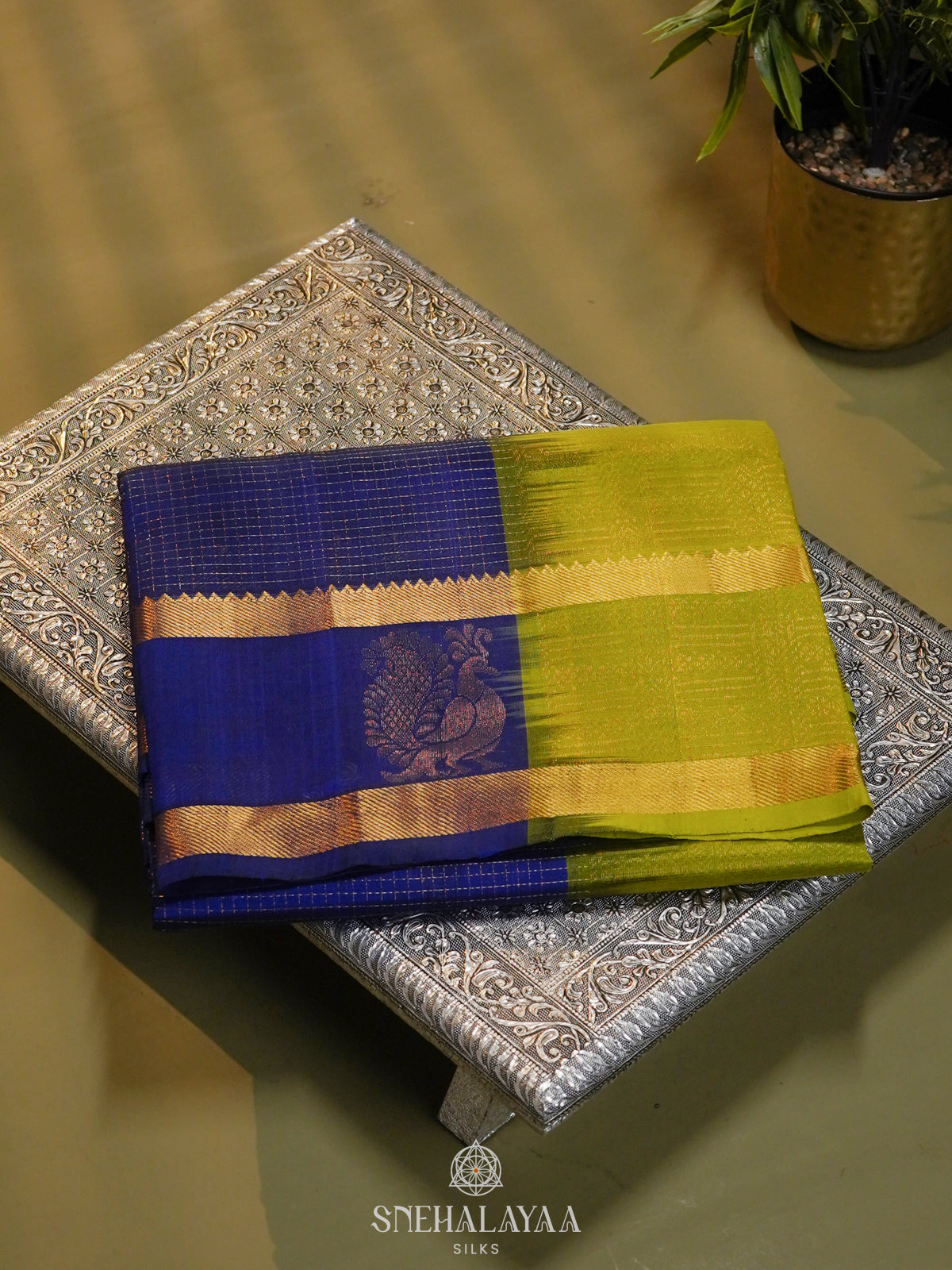 Royal Blue Kanchi Silk Cotton Saree with Zari Checks