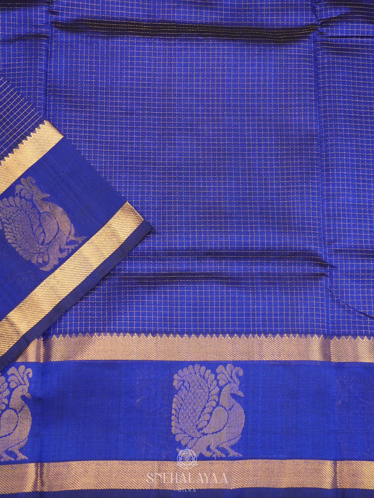 Royal Blue Kanchi Silk Cotton Saree with Zari Checks